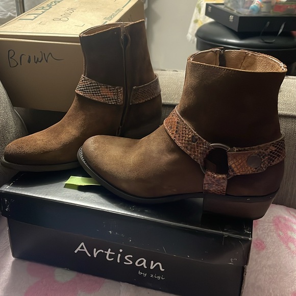 suede boots from ARTISAN BY ZIGI feature a sleek snakeskin pattern buckle. - Picture 5 of 5